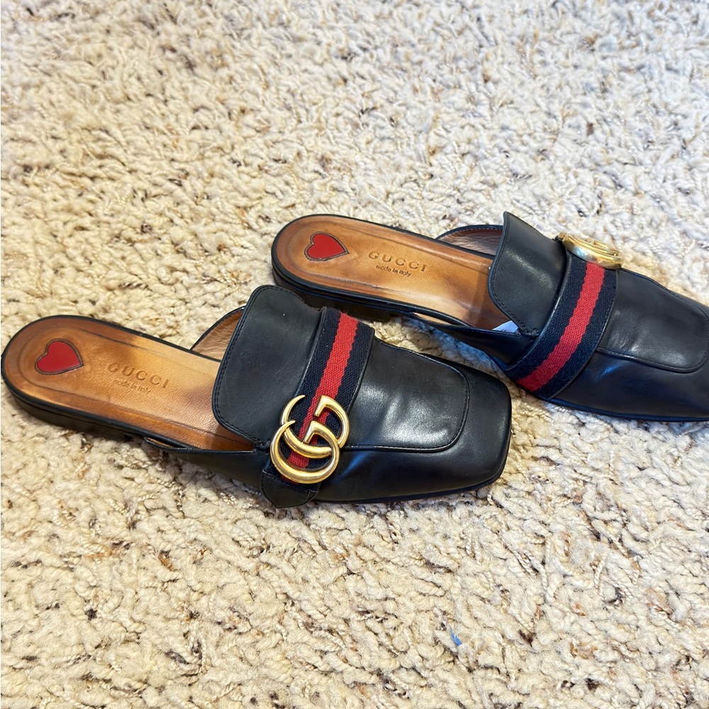 Gucci Black Leather Mules with Red-black Web and Gold Double G - Picture 8 of 11